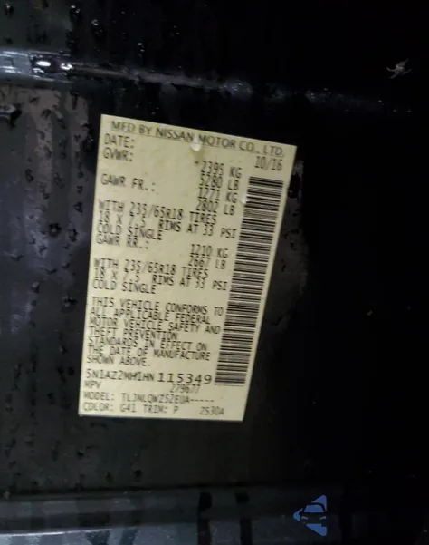 2017 Nissan Murano S z USA, uszkodzony, nr VIN 5N1AZ2MH1HN115349